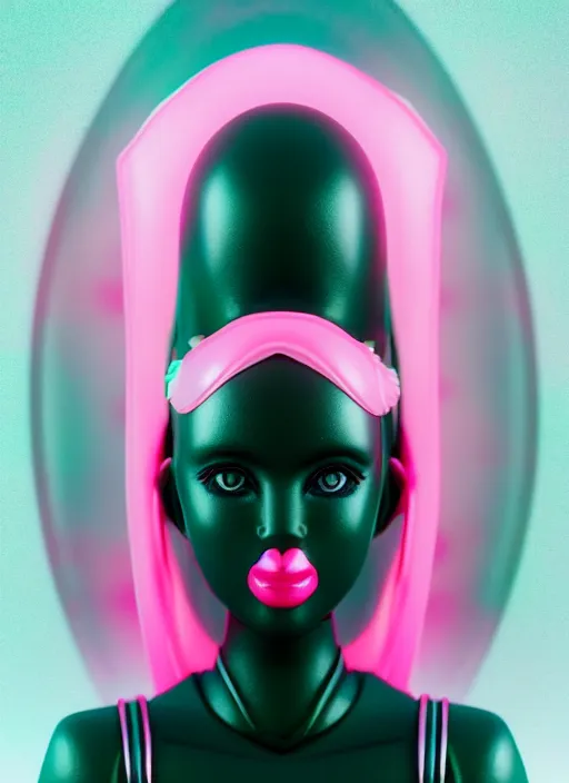 Image similar to symmetry!! portrait of a sailor moon, futuristic, dark, highly detailed, 8 0 - s style colors, sharp focus, octane render, vinyl design toy, realistic photo, studio green light on pink background