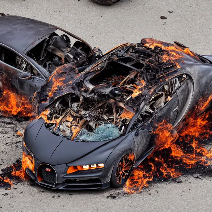 a copper bugatti chiron crashed, wrecked in flames, | Stable Diffusion