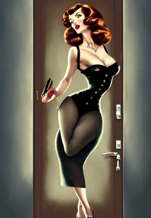 Image similar to A pin-up femme fatale at the door of a small 50’s style private detective’s office, fantasy magic, dark pin-up style hair, dark light night, intricate, elegant, sharp focus, illustration, highly detailed, digital painting, concept art, matte, art by WLOP and Artgerm and Greg Rutkowski and Alphonse Mucha, masterpiece