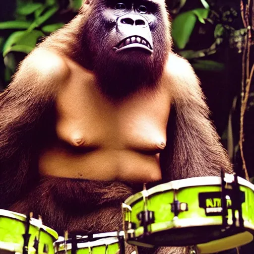 Image similar to UHD candid photo of King Kong playing drums in the jungle, with accurate face, UHD, photorealistic, correct face, real drum set, photo by Annie Leibowitz