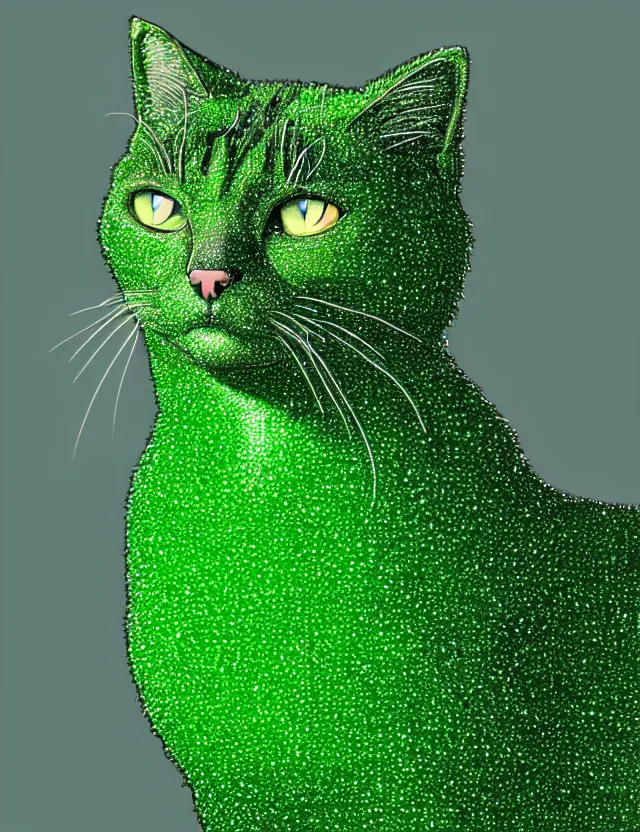 Prompt: a detailed illustration of a cat made of shiny green crystals, trending on artstation, digital art, 4 k resolution, detailed, high quality, sharp focus, hq artwork, coherent, insane detail, character portrait