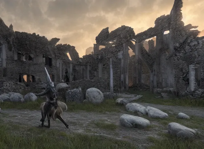 Image similar to a viking riding a giant wolf walks through the ruins of a viking village, horror, dramatic lighting, dawn, by caspar david friedrich, unreal engine 5