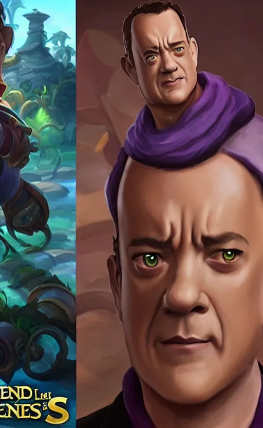 Image similar to Tom Hanks as a character in the game League of Legends, with a background based on the game League of Legends, detailed face, old 3d graphics