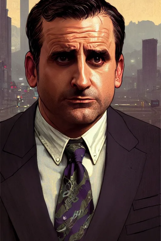 Image similar to gta 5 steve carell profile picture by greg rutkowski, michael scott, the office, dynamic pose, intricate, futuristic, fantasy, elegant, by stanley artgerm lau, greg rutkowski, thomas kindkade, alphonse mucha, loish, norman rockwell, fantasy lut, asymmetric, long hair, retro computer graphics, video game, fluid lines,