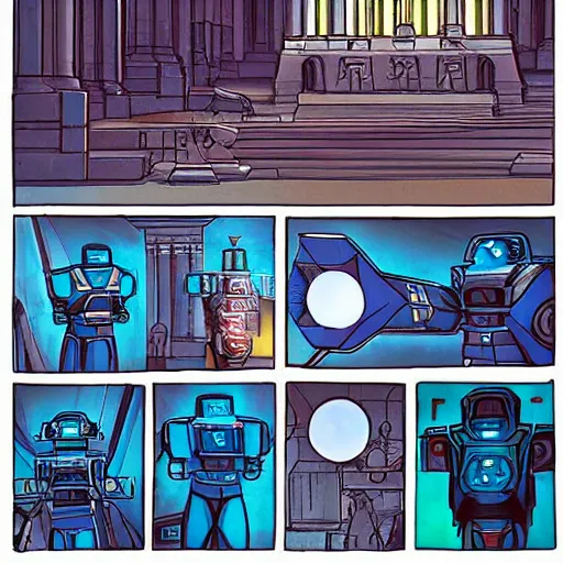 Prompt: a mecha robot inside a Greek temple :: 4-bit::1 comicbook::1 bioluminescence::1 DSLR::1 turquoise::1 defocus::-0.5 --ar 2:1 --quality 2