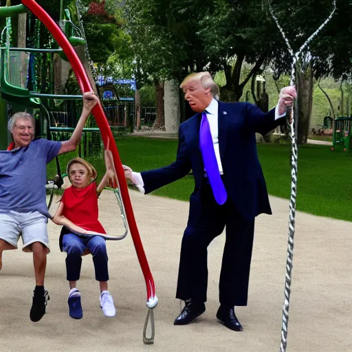 Image similar to Donald Trump pushing Jeffrey Epstein on a swing, playground full of happy children in the background, 4k