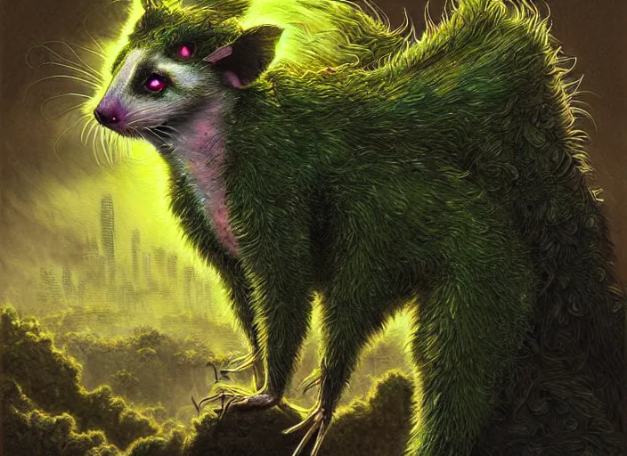 Prompt: full-body portrait of a anthro green zombie opossum fursona with long dark hair. Ruined stormy city. Glorious sun beams, intricate, elegant, highly detailed, digital painting, short focus, illustration, Allan Lee, John Howe