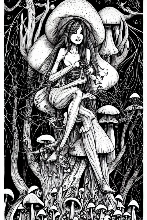 Image similar to a beautiful witch sitting on a toadstool in a forest, skulls and mushrooms, fantasy graphic novel style, by wendy pini, intricate, very fine inking lines, extremely detailed, 4k, hd