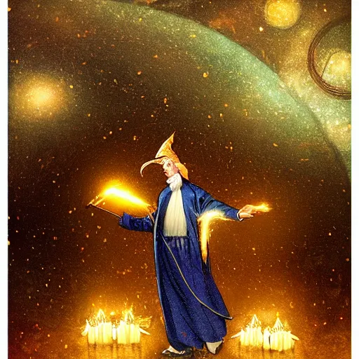 Prompt: a digital painting of a wizard teaching in an observatory, constellations, midnight, sparks from the candles, victorian era, art by terese neilsen, rebecca guay, scott fischer, normal rockwell, trending on artstation