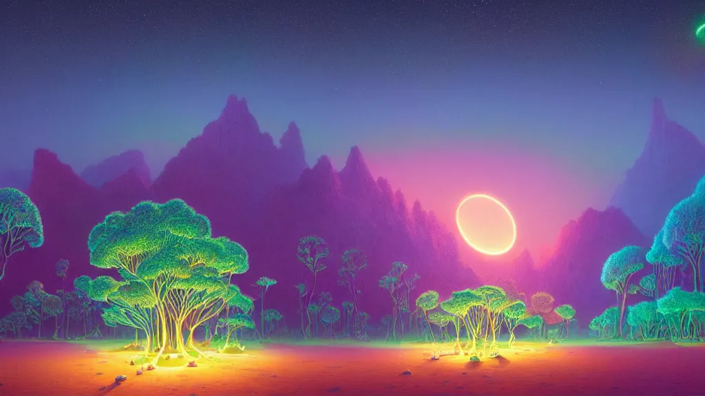 Prompt: highly detailed holographic iridescent glowing ethereal sci fi world with forests, deserts, oceans, at dusk, by gilbert williams, by simon stalenhag, by beeple, by bruce pennington, by moebius, octane render, with many different pastel shades of blue pink orange yellow green, beautiful volumetric lighting, prismatic comet