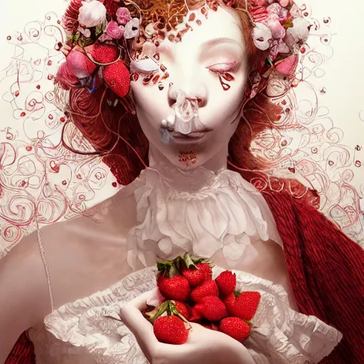 Image similar to the portrait of an absurdly beautiful, graceful, elegant, sophisticated, fashionable young woman made of strawberries and white petals looking down, an ultrafine hyperdetailed illustration by kim jung gi, irakli nadar, intricate linework, bright colors, octopath traveler, final fantasy, unreal engine 5 highly rendered, global illumination, radiant light, detailed and intricate environment