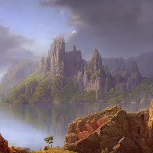 Image similar to a beautiful and highly detailed matte painting of a colorful yet humble english fort built of large stones in the distance high in the most epic mountains ever, intricate details, epic scale, insanely complex, 8 k, sharp focus, hyperrealism, very realistic, by caspar friedrich, greg rutowski, james gurney, hudson river school