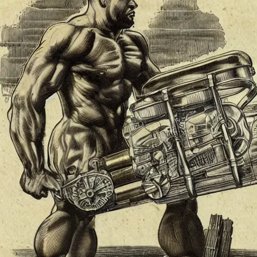 Image similar to a muscular bald man carrying engines on his back, technical diagram, diesel engine, gasoline engine, combustion engine