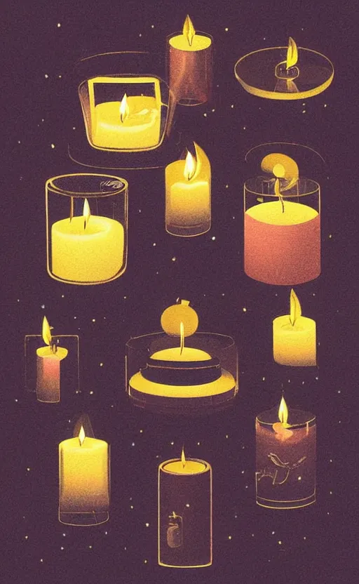 Image similar to illustration with beautiful scented candles, close - up photo in cozy interior, candle lighting, shadow play, light refraction, mirror, glowing, an art deco painting by tom whalen, trending on behance, art deco, digital illustration, storybook illustration, grainy texture, flat shading, vector art, airbrush, pastel, watercolor, poster