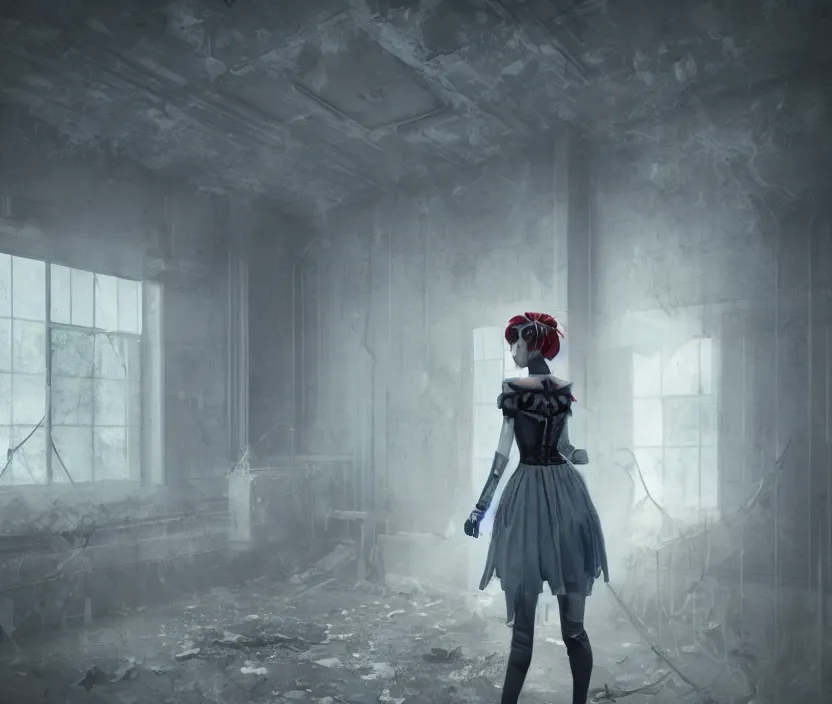 Image similar to imperial princess knight gothic girl standing on an abandoned hospital room with red ceiling lighting and several blue lights on the walls, gloomy and foggy atmosphere, octane render, artstation trending, horror scene, highly detailded