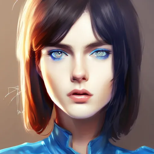 Image similar to a girl wearing a crop top, dark hair, blue eyes, highly detailed, digital painting, artstation, concept art, smooth, sharp focus, illustration