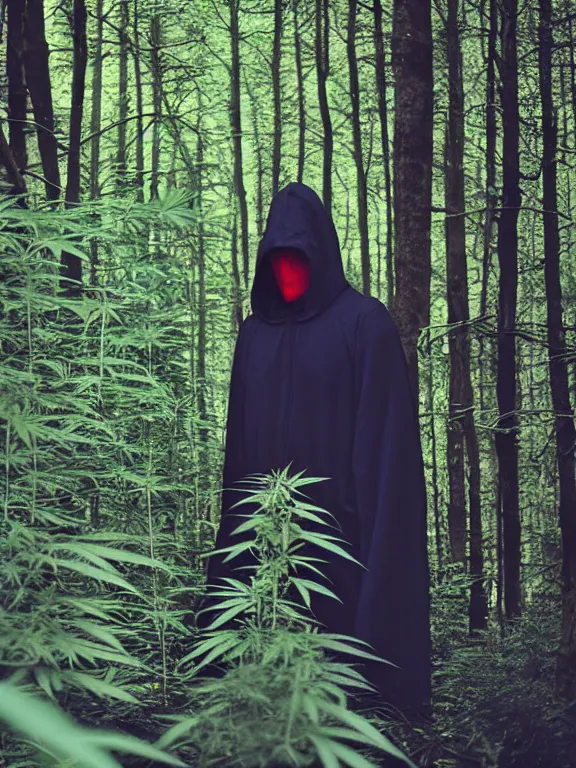 Image similar to hooded figure in cannabis forest, film photo, grainy, high detail, high resolution,