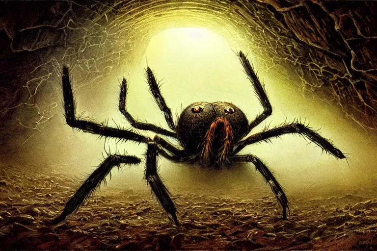 Image similar to a monstrous spider in a dark tunnel, cobwebs, atmospheric, in the style of bob eggleton, dramatic lighting, low angle, wide angle, hyper - realistic, highly detailed digital art