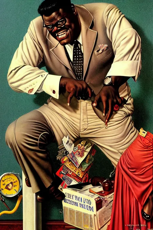 Image similar to bernie mac by gil elvgren and norman rockwell and rob gonsalves and hajime sorayama, hyperrealistic, high detail, ultra detailed, highly detailed face, ruffled fabric