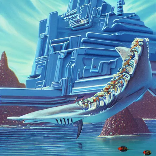 Image similar to side view a beautiful painting of a shark palace by Angus Mckie, Trending on artstation future space CG