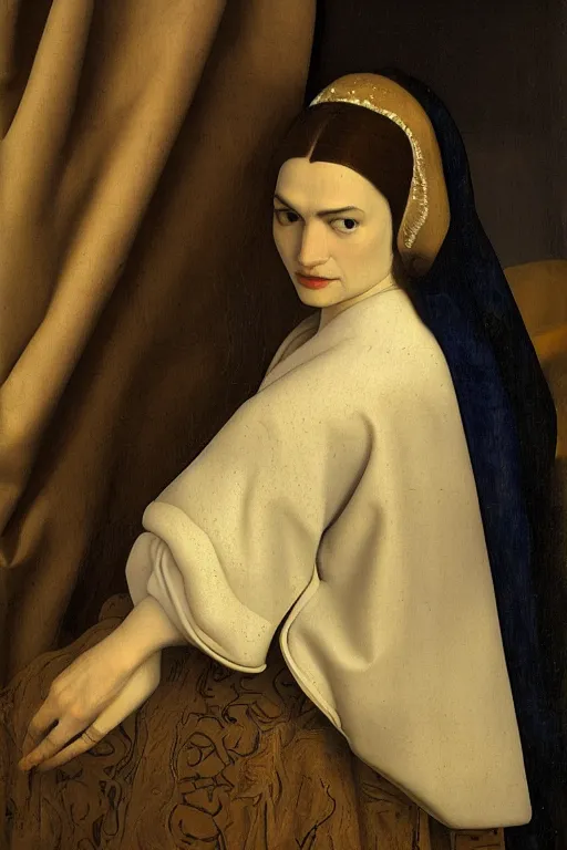Image similar to portrait en buste of rachel weisz by johannes vermeer, baroque, delft, intricate, highly detailed, royal gallery, oil painting