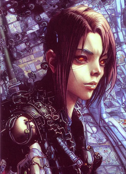 Image similar to realistic detailed painting of Nina Kraviz by yoshitaka amano, Masamune Shirow and rebecca guay and Moebius, Neo-Gothic, Cyberpunk, rich deep colors