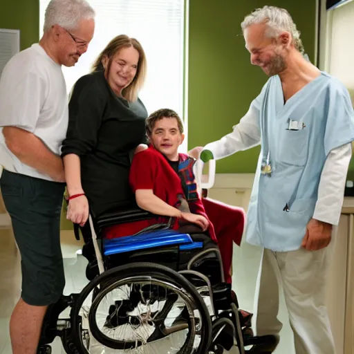 Image similar to a male patient in a wheelchair in the hospital with his wife and son standing by. happy, cheerful, smiling, intricate, sharp focus, cinematic lighting, 8 k, art by emiliya lane, margaret dyer