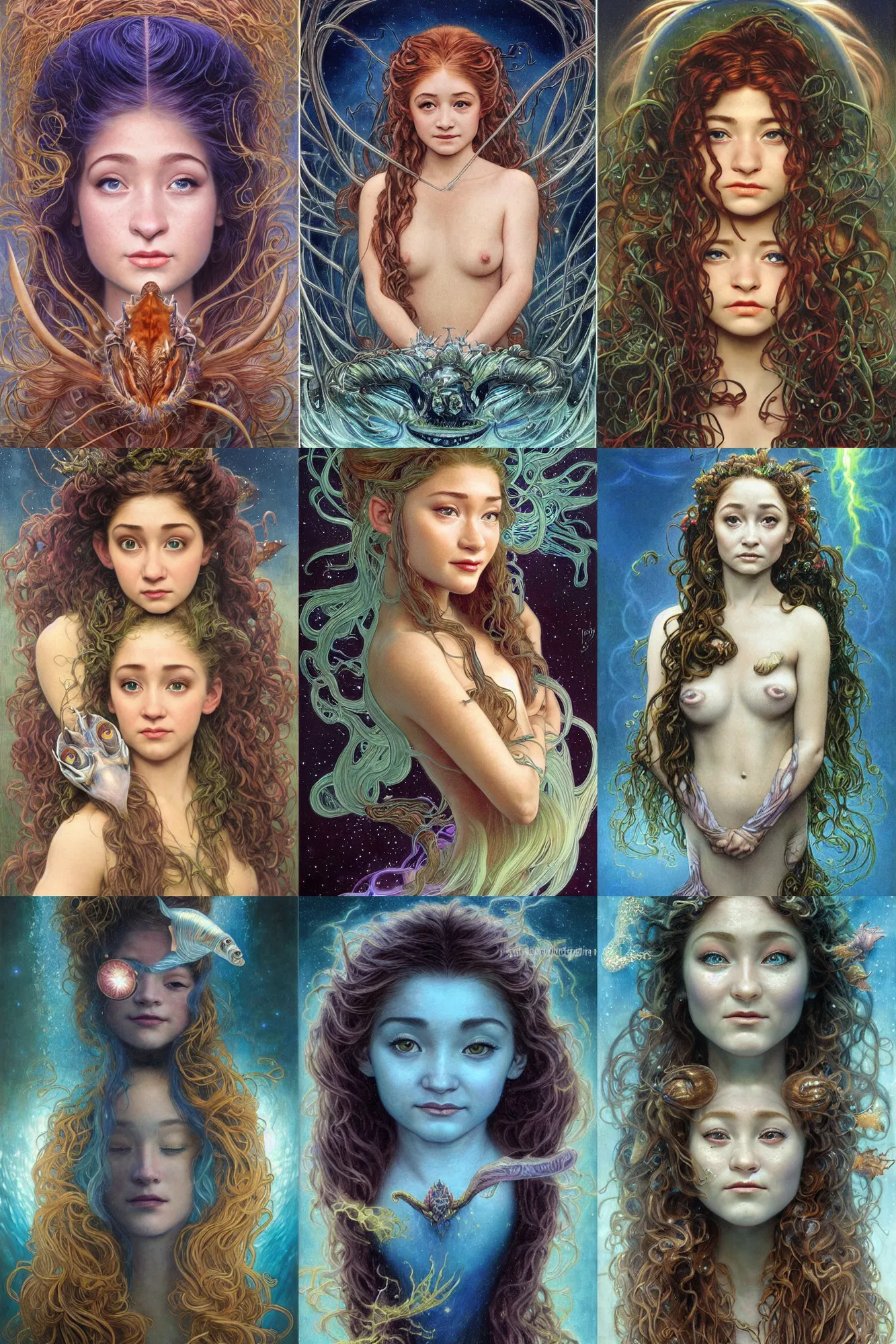 Prompt: stunning, breathtaking, awe-inspiring award-winning realistic concept art face portrait painting of anglerfish mermaid Anna Cathcart as a goddess of lasers in the dark deep sea, sparks, by Julie Bell, Jean Delville, Virgil Finlay, Alphonse Mucha, Ayami Kojima, Amano, Charlie Bowater, Karol Bak, Greg Hildebrandt, Jean Delville, Frank Frazetta, Peter Kemp, and Pierre Puvis de Chavannesa, Art Nouveau, Neo-Gothic, gothic, rich deep colors, cyberpunk, extremely moody lighting, glowing light and shadow, atmospheric, shadowy, cinematic, 8K