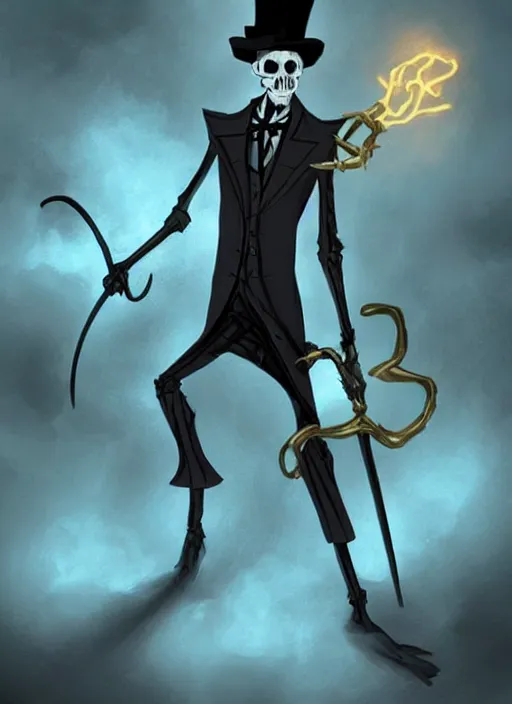 Image similar to DND character concept, Tall skeletal figure, wearing a deep black suit!!! and tie and top hat, holding a golden cane. Surrounded by light blue!!! flames!!