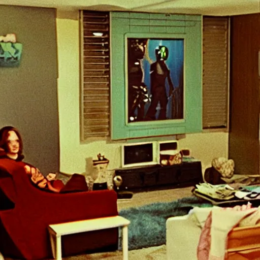 Prompt: extra terrestrial vaguely shown in corner of a living room in 1 9 7 3, family time, fuji film