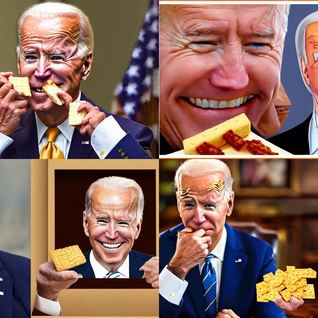 Prompt: joe biden eating a box of cheez-its realistic photograph