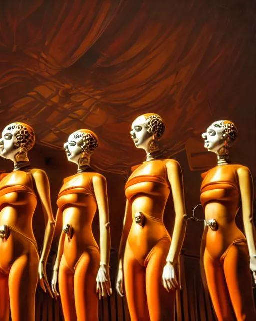 Image similar to hyperrealistic neobaroque mechanical humanoids singing on an art deco stage santiago caruso de chirico sharp dramatic orange light 8k low angle shallow depth of field