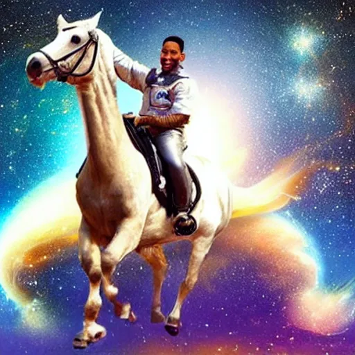 Prompt: will smith riding a horse in space, galaxy, space, photograph