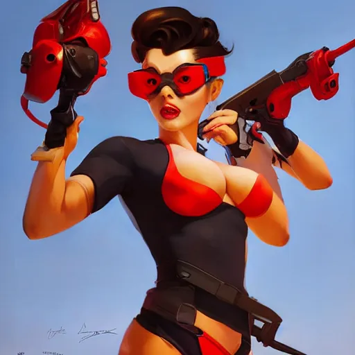 Prompt: pinup overwatch tracer wearing a red sexy thong, artwork by sergey kolesov, medium shot, asymmetrical, organic painting, sunny day, matte painting, bold shapes, hard edges, street art, trending on artstation, by huang guangjian and gil elvgren and sachin teng