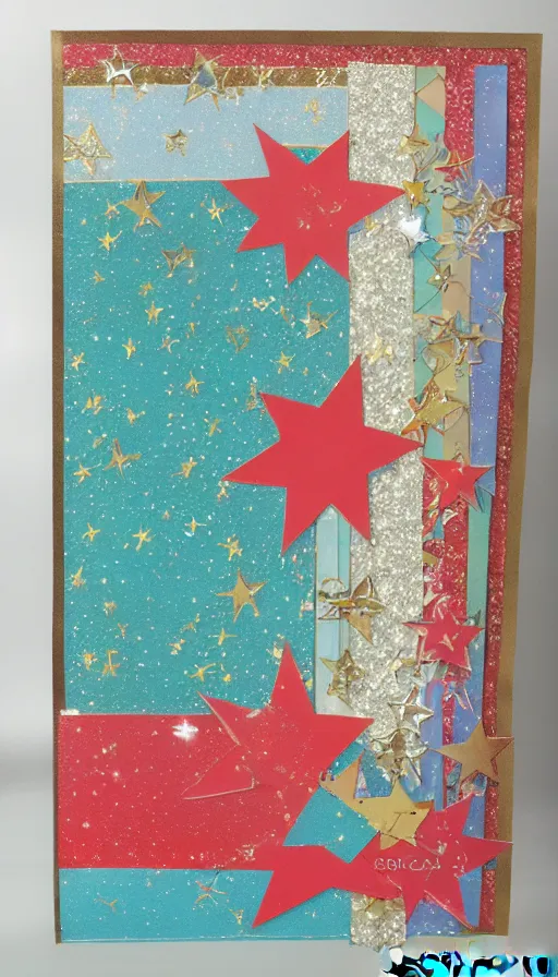 Image similar to a beautiful scrapbook by bhare art, superrare trending, scrapbook paper collage, warm, mediterranean, stars, sharp focus, colorful refracted sparkles and lines, soft light