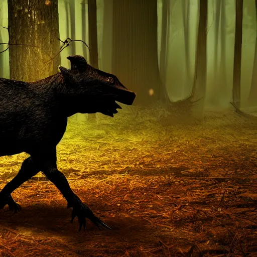 Image similar to black scorpion hunting a wild boar, dark forest, night scene, digital art, dramatic lighting, scary