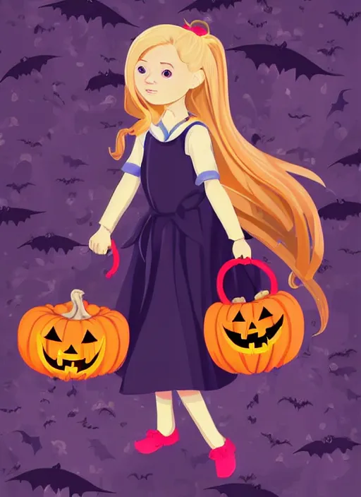 Image similar to three year old girl with long blonde hair in a halloween scene. she is carrying a candy bucket. clean cel shaded vector art. shutterstock. behance hd by lois van baarle, artgerm, helen huang, by makoto shinkai and ilya kuvshinov, rossdraws, illustration, art by ilya kuvshinov