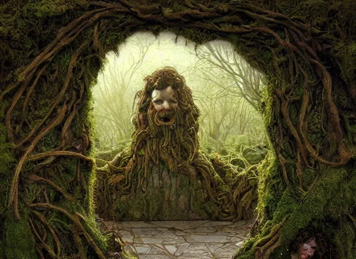 Image similar to jim henson's labyrinth. two doors. a carved stone overgrown with moss. an old door made of wood and rusty metal. by edgar maxence and caravaggio and michael whelan and delacroix style, artistic, intricate painting, cinematic lighting, hyper realistic, extremely detailed, 8 k resolution, establishing shot, dramatic lighting