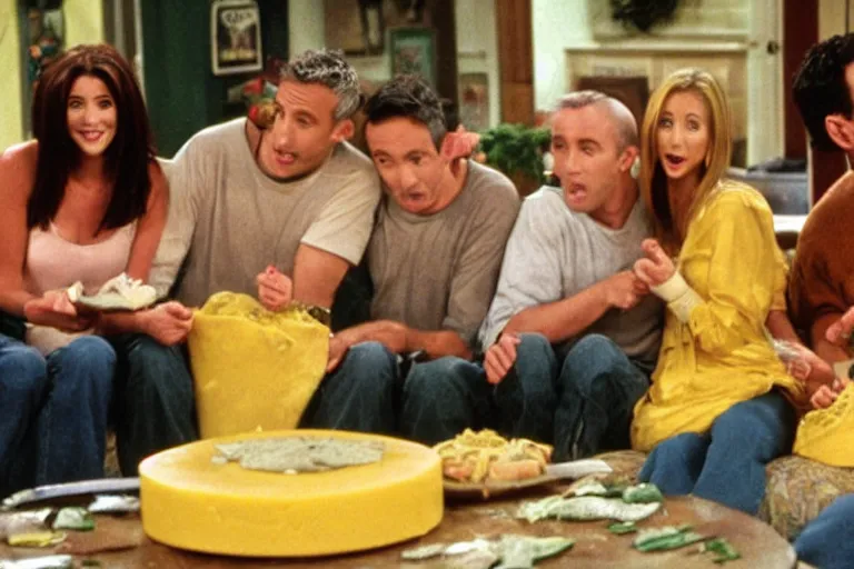 Image similar to the episode of Friends where everyone gets covered in vermont yellow cheese