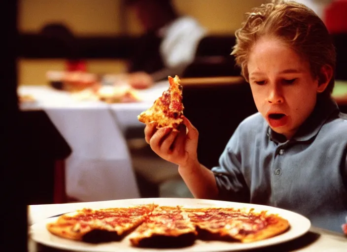 Image similar to portrait of charlie kaufman eating pizza at chuck - e - cheese with sloppy cheesy sauce getting slopped up all over the place, dramatic lighting, moody film still from being john malkovich ( 2 0 0 1 ), 3 5 mm kodak color stock, 2 4 mm lens, directed by spike jonze, ecktochrome