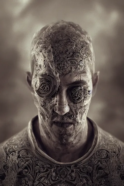 Image similar to Multiverse carved into a priest forehead, cinematicbleeding, horror, creepy, moody, octane render, 8k,realism, insanely detailed, intricate, ornate geometric shapes, natural lighting,