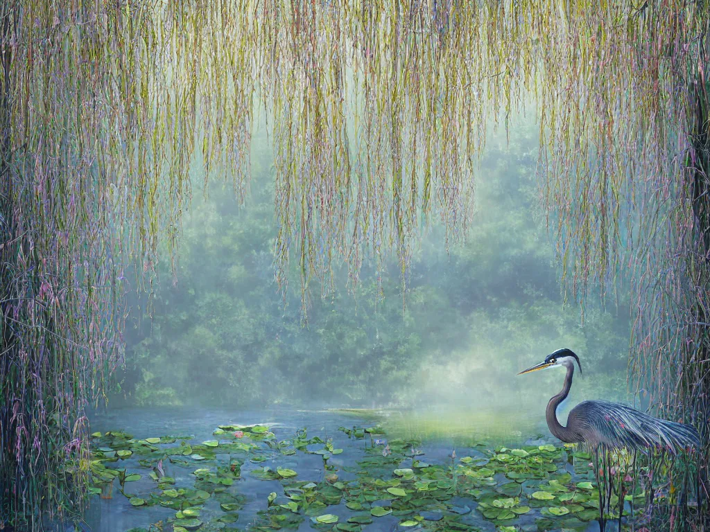 Image similar to a beautiful painting of blue heron in shallow river with waterfalls in distance, lake surrounded by beautiful willow and cherry blosom trees, lily pads, bullrushes, marsh, puffy clouds, morning dawn, intricate, highly detailed digital art, sylized, featured on artstation, by Artgerm and Mikko Lagerstedt