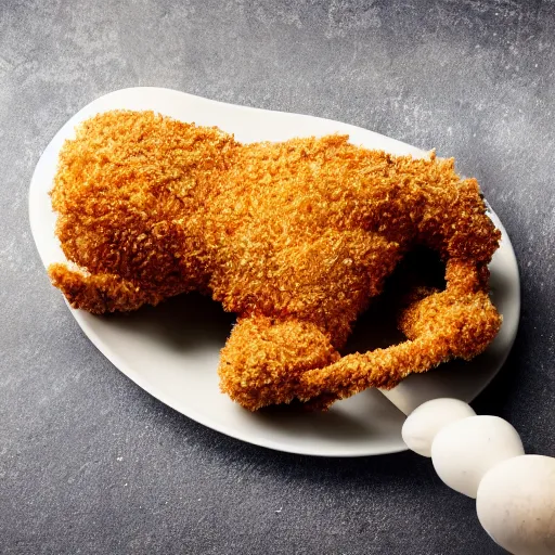 Image similar to standing breaded chicken with a crown of a king in top of it, holding a king staff, hyper realistic, 4k