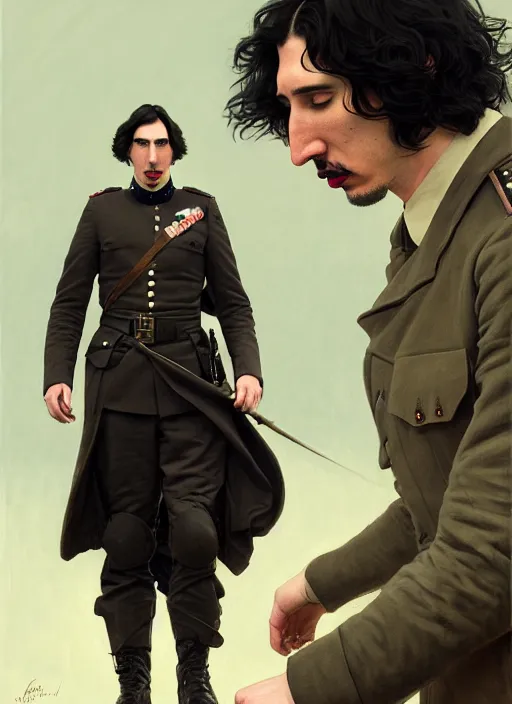 Image similar to painting of both john oliver and adam driver together, adam driver behind, john oliver in front, stoic, full body, military uniform, fantasy, elegant, beautiful, highly detailed, centered, dark, smokey, digital painting, concept art, smooth, sharp focus, illustration, deviant art, art by greg rutkowski, art by alphonse mucha