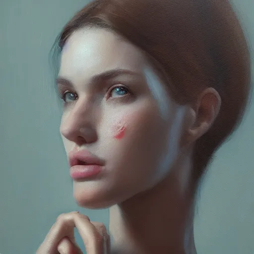 Image similar to a beautiful woman, aesthetic, oil painting, pale colors, high detail, 8 k, wide angle, octane render, trending on artstation,