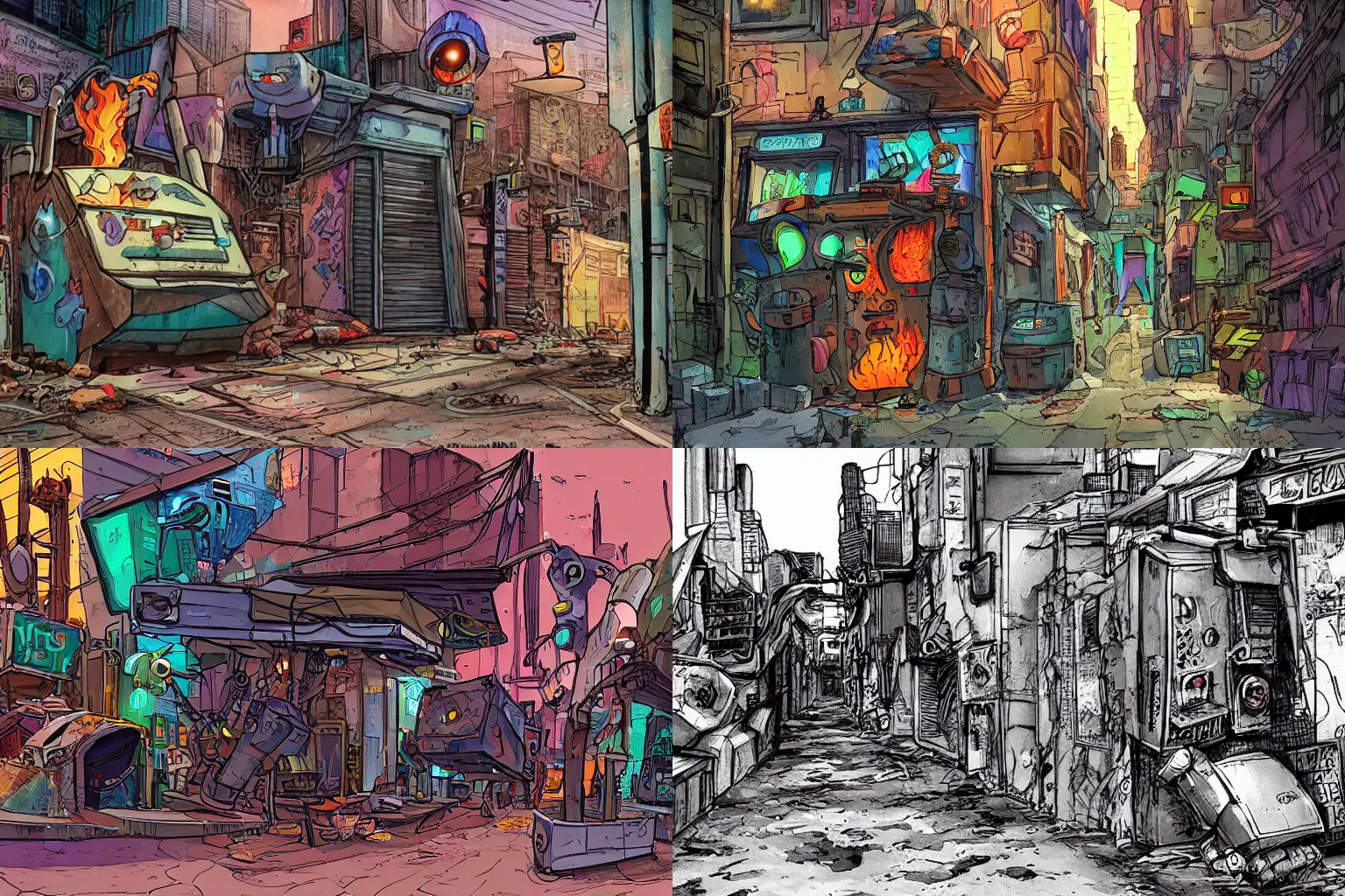 Image similar to the alley behind the seediest dive bar in the universe, futuristic dumpster and burned out robot scraps by Ralph Bakshi