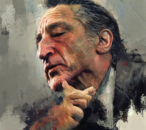 Image similar to a hyper-detailed photograph of Robert DeNiro by Craig Mullins; oil on canvas; trending on artstation