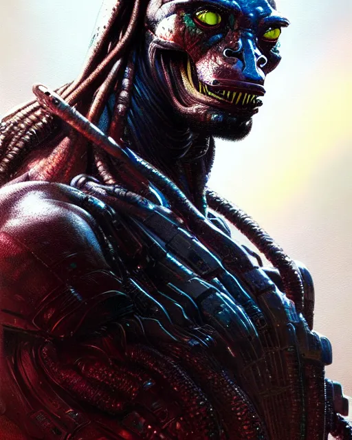 Prompt: a portrait of the predator fantasy character portrait, ultra realistic, cinematic, concept art, wide angle, intricate details, hologram, highly detailed by greg rutkowski, wayne barlowe,