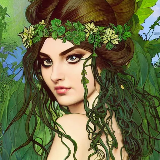 Prompt: a stunning vector portrait of a thicc and voluptuous palutena dressed as a beautiful poison ivy with hair tied in a braid walking through a flowering garden, greenhouse in the background, intricate, elegant, highly detailed, digital painting, artstation, concept art, ultra sharp focus, illustration, art by jugendstil and greg rutkowski and alphonse mucha