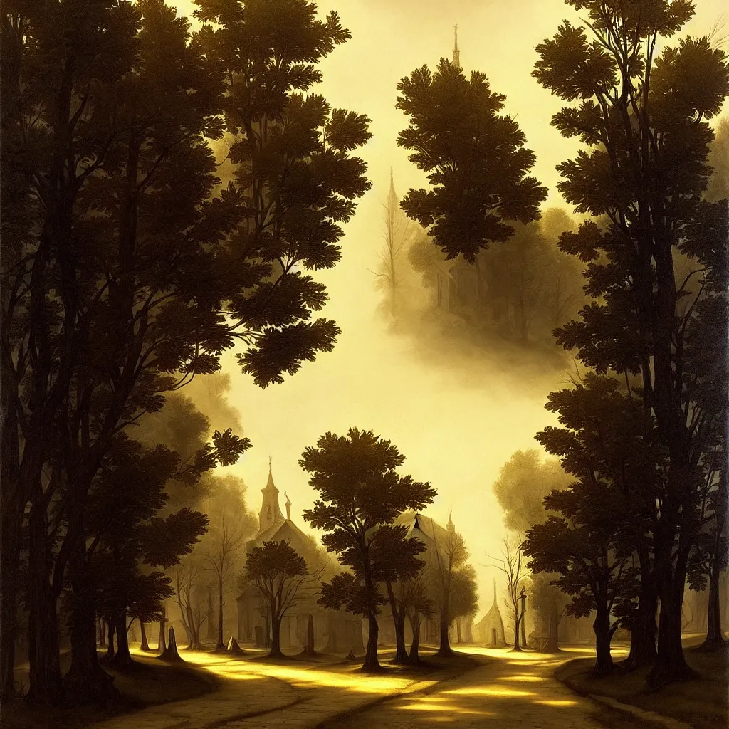 Image similar to in the style of gerald brom, caravaggio, beautiful small town, houses and buildings, 1 8 0 0 s, cobblestone roads, low light, end of day, trees, forest in the distance, light mist